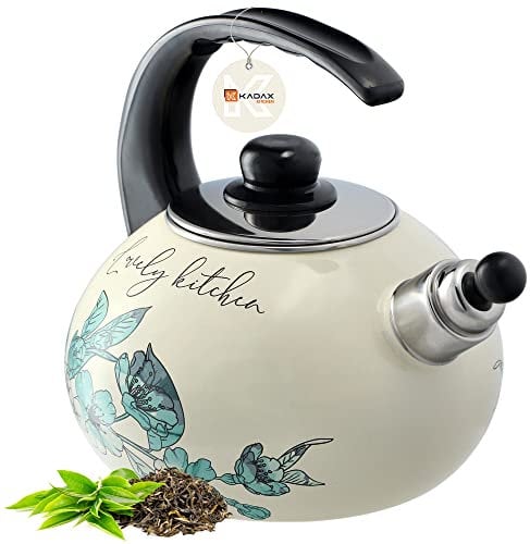 KADAX Whistling Kettle 2.2L, Enamelled Stovetop Kettle for Boiling Water and Preparing Hot Beverages, Tea Kettle for Induction and Gas Stove (Flowers)