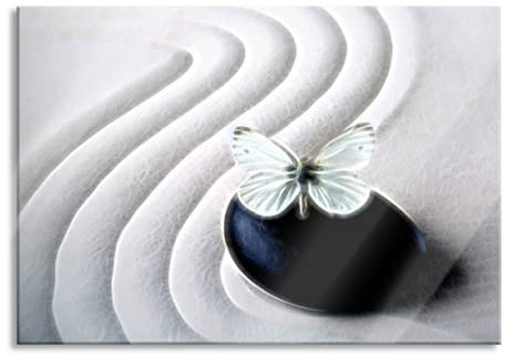 Pixxprint Glasbild, Wandbild aus Echtglas, Schmetterling auf Zen Stein, 60x40 cm, inkl. Aufhängung und Abstandshalter