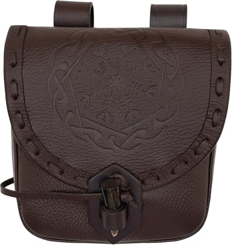 Mythrojan Gürteltasche Wikinger Leder Gürteltasche Mittelalter Gürteltasche Renaissance Kostüm Zubehör LARP Hüfttasche Cosplay Münzbörse Antik Vintage Münztasche, Braun mit Gravur, 8 x 7, Braune