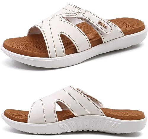 KuaiLu Chanclas Mujer Moda Ortopedicas Comodas Soporte del Arco Chancletas Baño Verano Cool Playa Piscina Ligera Abierta Sandalias Antideslizante Goma Suela Caqui blanco 39