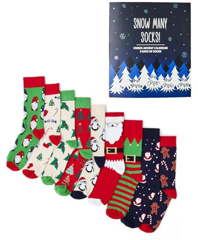 Unisex Socken-Adventskalender | Geschenk | 9 Paar | Baumwollreiche Socken | Premium-Socken | Neuheit | Geschenke