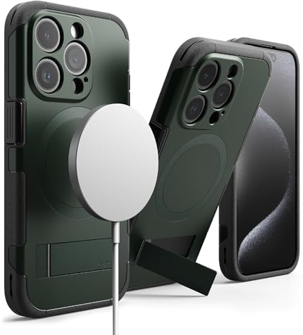 Ringke Alles [Compatible with MagSafe] for iPhone 15 Pro Case, [Built-in Kickstand] Rugged Shockproof Bumper Adjustable Stand Protective Phone Cover for Magnetic Charger/Accessories - Dark Green
