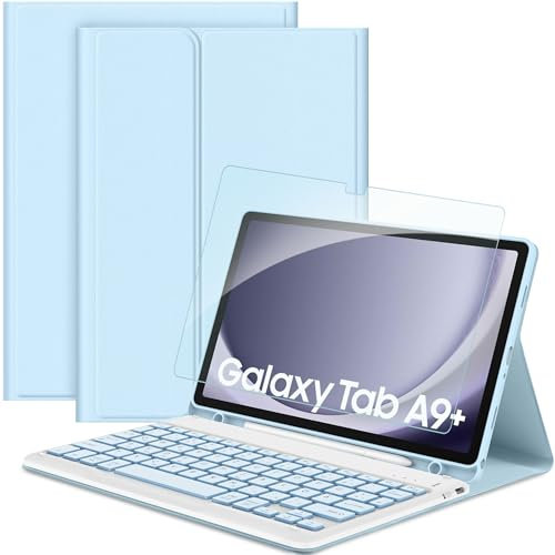 EasyAcc Funda para teclado compatible con Samsung Galaxy Tab А9+ 2023 de 11 pulgadas con protector de pantalla, [QWERTZ alemán], funda protectora extraíble con soporte para lápiz (azul cielo)