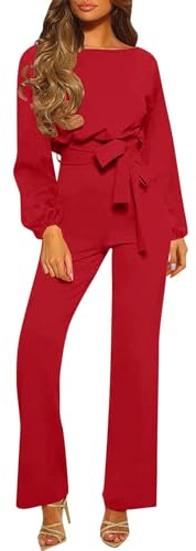 RMBLYfeiye Overall Damen Sommer Jumpsuit Langarm Elegant Festlich Boot-Ausschnitt Einfarbiges Hosenanzug Straight Leg Mit Gürtel Arbeitslatzhose