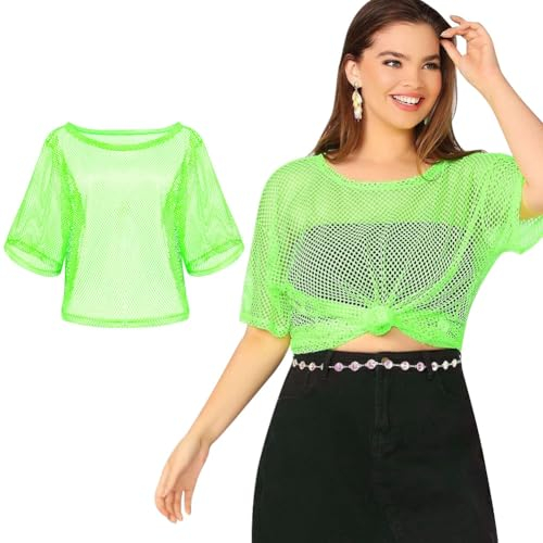 Aomig 80er 90er Jahre Outfit Damen, Leuchtendes Grün 80er Jahre Outfit, Party Accessoires für Faschingskostüm Karneval, 80er Jahre Damen Party Kostüme Frauen Karneval Ankleiden Satz Cosplay