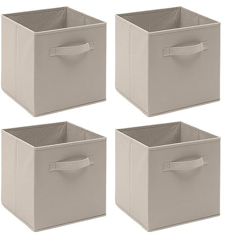 Foldable Fabric Storage Cube Organiser Bins, Collapsible Basket with Handles For Home, Kids Baby Nursery Room, Closet Toys Organisation, 26.5 x 26.5x 28 cm (Beige, Set of 4)