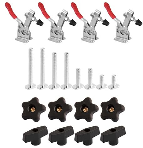 POWERTEC Toggle Clamp and T Track Knob Kit Woodworking Tools for T Track | 4PK, 300 lbs Holding Capacity, 201B Quick Release Horizontal Clamps & Set of 16 T Track Bolts and knobs (72116)