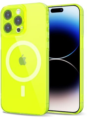 Svanove for iPhone 14 Pro Case Clear Compatible with Magsafe, Transparent Magnetic Magnet Mag Case, Cute Slim Thin Silicone Grip & Shockproof Camera Cover Drop Protection Bumper, Neon Green Lime
