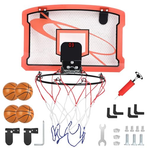 DBREAKS Mini Basketballkorb mit Elektronische Anzeigetafel, Indoor Hoop Basketballkorb für Kinder, Basketballkörbe Tür mit 4 Bällen, Wandmontage Basketball Reifen fürs Zimmer, Basketball Korb(Rot)