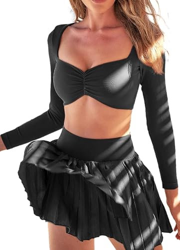 TZLDN Damen Langarm Crop Tops Sexy Gepolster Slim Gym Langarmshirt Bauchfrei Sport Yoga Oberteile Basic Casual T-Shirt Laufshirt Yoga Pilates Tennis Schwarz XS