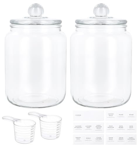 YILANJIN Lot de 2 Bocaux en Verre Buanderie avec Couvercle Hermétique, 2L BoîTe à DéTergent avec 2 Tasses à mesurer et 18 Autocollants, BoîTe De Rangement Pour DéTergents, Contenants en Verre