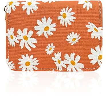 AfitLulu Kurz Geldbörse Damen Klein Kartenetui RFID-Blocking Kartenhalter Portemonnaie, Akkordeon-Stil Geldbeutel PU-Leder Portmonee mit Reissverschluss und Blumenmuster (Orange)