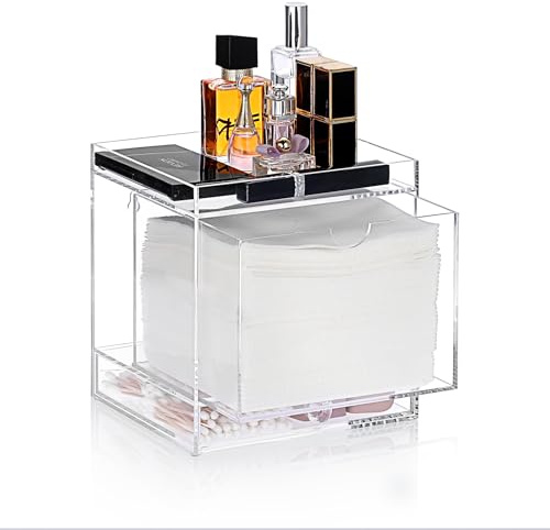 BTSKY Acrylic Disposable Face Towel Storage Box with Drawer and Top Tray - Clear Facial Towel Container, Tabletop/Wall-Mounted Storage Box for Cleansing Cloths, Makeup Remover Cloths and Makeup Tools