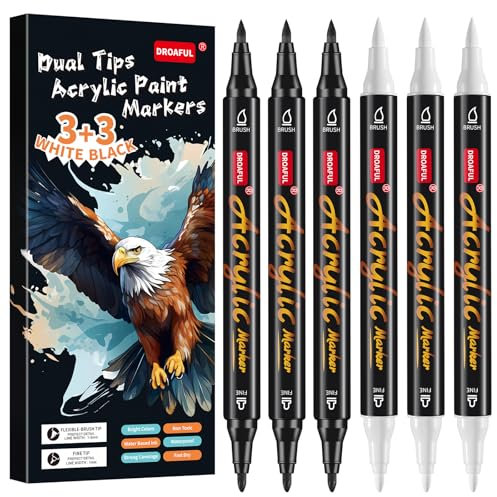 Acrylstifte für Steine Wasserfest, 6 Schwarz Weiß Spülmaschinenfest Bemalen für Steinen, Porzellan, Glas, Leinwand, Keramik, Holz, Metall, Kunststoff, Schnelltrocknend, Ungiftig und Geruchsneutra