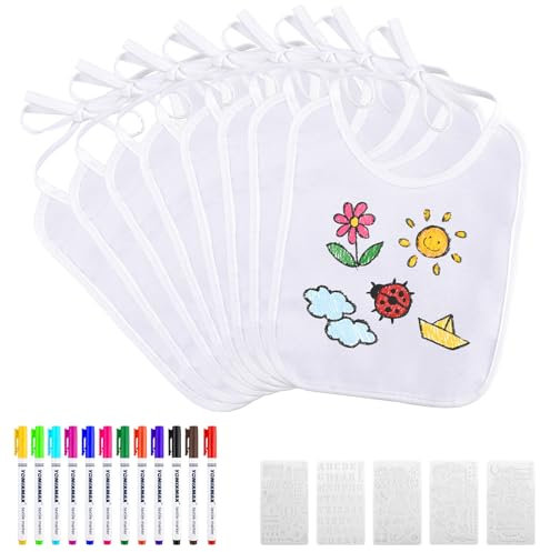 Zosenyer Lätzchen Baby, 14 Weiße Bibs Zum Bemalen, 12 Farbige Stifte für Kinder und 5 Malvorlagen, Als Geschenk für Jungen und Mädchen als Babyparty Deko