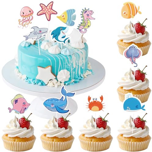 Alovez 24 Stück Ozean Cupcake Topper, Meerestiere Cupcake Topper, Meerestiere Muffin Deko, Ozean Thema Tortendeko Geburtstag Party Dekoration Zubehör