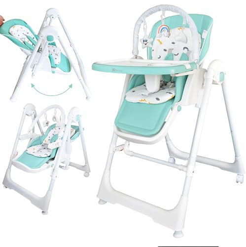 Twinly Babyhochstuhl 3-in-1 Multifunktionaler Schaukelstuhl, Wippe und Hochstuhl für Babys (0m+ - 15kg) / Verstellbar, faltbar und neigbar/Mit 5-Punkt-Gurt (Minze, Movity Pro)