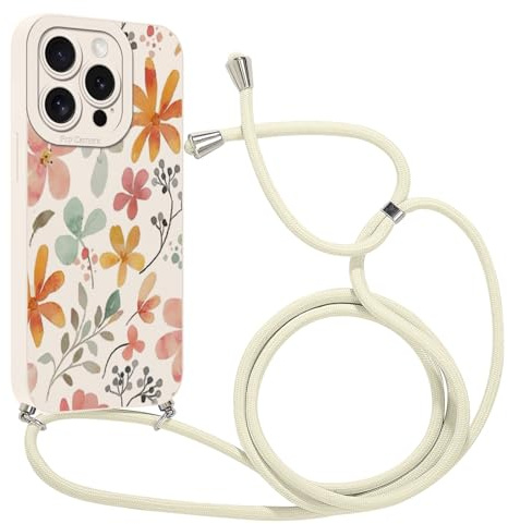 Kueqeay Coque avec Cordon pour iPhone 15 Pro 6,1 avec Motif Fleur Blanc Case, Aesthetic Silicone étui avec Collier Réglable Corde Souple TPU Antichoc Housse de Protection pour Femmes, 01