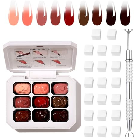 Verlaufsmal-Gel, mehrfarbiges Ombre-Nagellack-Gel mit 20 Nagelschwämmchen & 1Metallgreifer (Krallenform), Schwämmchen-Technik für Ombre-Nägel, Französische Maniküre, DlY-Nageldesign (A9)