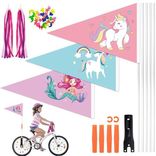 ZJKUBOIS 3 Stück Fahrradfahne für Kinder, Fahrradwimpel Kinder Set mit Metall Fahnenmast, Bunt Fahrradspeichen Deko, Lenker Quasten, Fahrrad Deko Zubehör für Jungen und Mädchen Kinderrad (Mädchen)