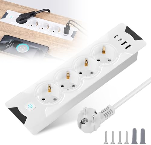 SPORWAY Einbausteckdose mit USB C PD 20W: 4-Fach Tischplatte Versenkte Steckdose Steckdosenleiste, Tischsteckdose Versenkte Steckdose mit 2m Kabel für Tischplatte Arbeitsplatte Konferenztisch