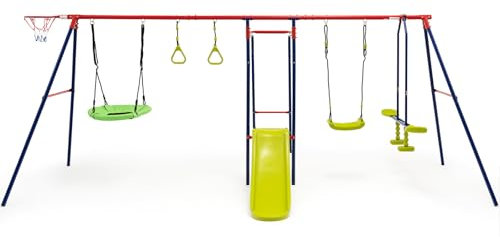GYMAX 7 in 1 Kids Swing Set, Metal Swing A-Frame with 2 Swings, Slide, Glider, Gym Rings, Monkey Bars & Basketball Hoop, Outdoor Children Playground Playset for Garden (Blue+Red)