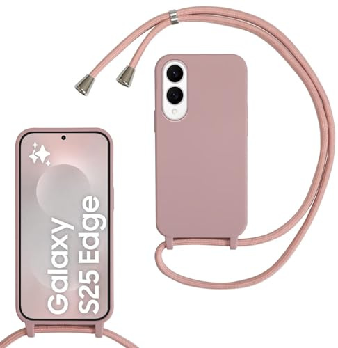 SLWYF Compatible with Samsung Galaxy S25 Edge Crossbody Lanyard Case, Liquid Silicone Protective Phone Case with Strap Adjustable Neck Cord Necklace Soft Cover for Samsung Galaxy S25 Edge, Sand pink