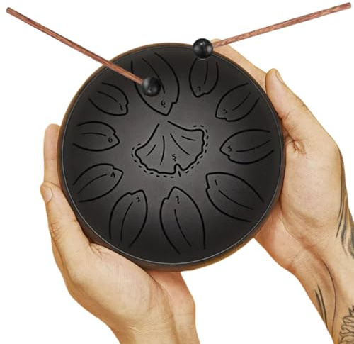 Zungentrommel 6 Zoll 11 Tönen, Steel Tongue Drum,Ginkgo Blätter Legierter Stahl, Steel Pan Schlaginstrument für Anfänger, Handpan Drum für Klangheilung Meditation Yoga (Schwarz)