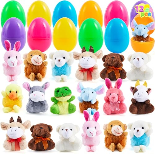 JOYIN 12 Pcs Prefilled Easter Eggs with Plush Animals, Plastic Easter Eggs Filled with Mini Stuffed Animal Plush Toys, Easter Basket Stuffers for Boys Girls Toddlers, Egg Hunt, Classroom Prizes