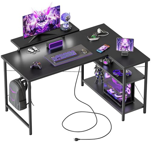 Mericonia Reversible Corner Desk, w. Led & Power Outlets, 120x70cm, Black | Reversible L-shaped desk w. Monitorstand & 2 Hooks, Height-adjustable Shelf, Gaming computer desk for home & office