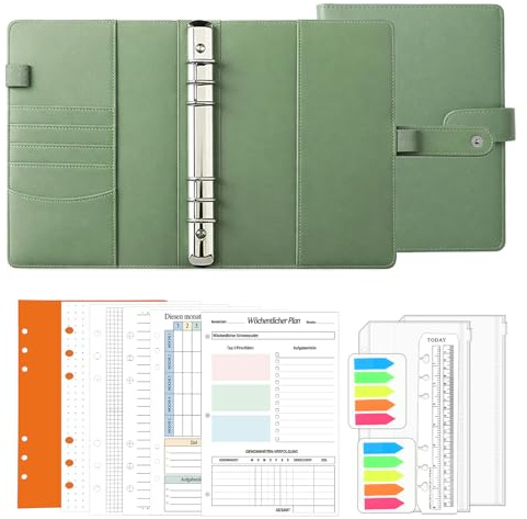 Ringbuch A5 Nachfüllbar, Notizbuch Mit Binder Taschen Haushaltsbuch | 135 Blätter Nachfüllpapier Reißverschlusstaschen Lineal für Schule Reisen Geschenk (Olivgrün)
