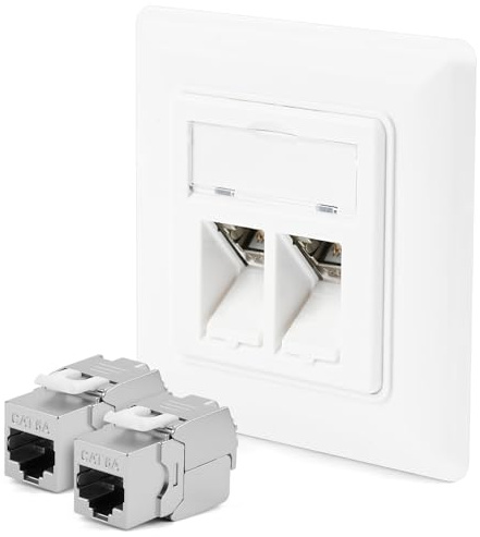 OFFCUP 1x Presa Ethernet, Universale Presa Di Rete, 2 Porta LAN RJ45, Cat-6 | 2x Modulo Schermato Keystone, Installazione Con Smusso, Superficie O a Incasso per Casa Ufficio