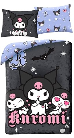 Kuromi Sanrio Bettwäsche 140x200 + Kissenbezug Schwarz Lavendel Mikrofaser | Wendebettwäsche Einzelbett | Mikrofaser schnelltrocknend Oeko-Tex | Teuflisches Kleid Fledermäuse | Sanrio | Geschenkidee