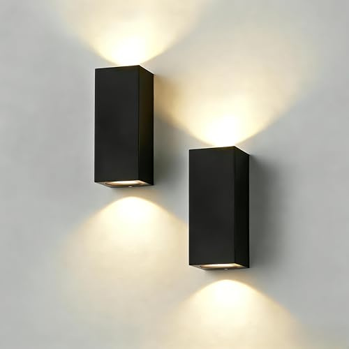 CANMEIJIA Außenwandleuchte Schwarz Aluminium GU10 5W 3000K Eckig IP65 2PCS | Robuste Außenwandleuchte in Schwarz mit 4 GU10 LED-Leuchtmitteln für stilvolles Up Down Licht an Hauswand sowie Terrasse