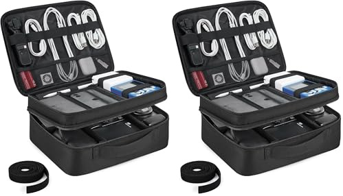bagsmart Extra Large Double Layer Portable Travel Cable Organiser Bag Electronics Accessories Storage Case for Charger, Adaptors, Kindle, Hard Drives (Black-Lightweight) (Pack of 2)