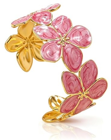 KummerSaprk Braccialetto rigido da donna con fiore rosa acceso, colorato, con motivo floreale, aperto rosa chiaro, gioielli estivi, accessori per abiti, regolabile, color oro, regalo per lei, Grande