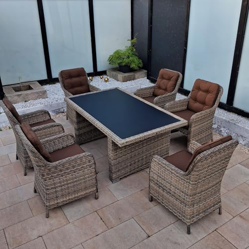 RAGNARÖK PolyRattan - Deutsche Marke - Gartenmöbel Essgruppe Tisch 6 Sessel 12 Polster Rostfrei Aluminium Naturfarbene Garnitur (Doppelhalbrund-Rattan) + Polster Braun, Glas Schwarz