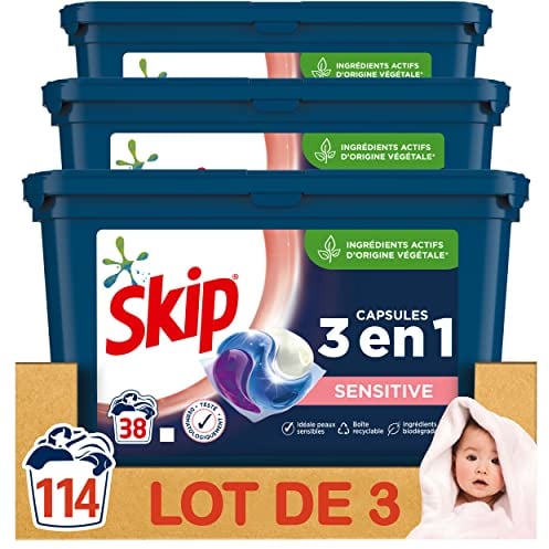 Skip Ultimate Waschmittel Kapseln Trio Sensitive x114 Hypoallergen, Waschmittelkapseln 3-in-1, spezielle Formel für Babys und empfindliche Haut, 114 Waschgänge (3 x 38 Waschladungen)