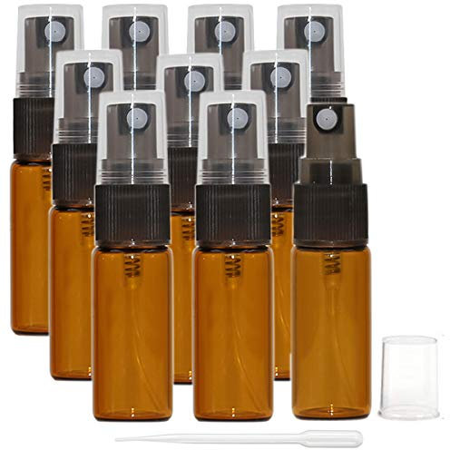 Yalbdopo 10 botellas de spray de vidrio ámbar de 5 ml, atomizadores de perfume de niebla fina, recargables, para después del afeitado, botella de spray portátil vacía, perfecta para aceites