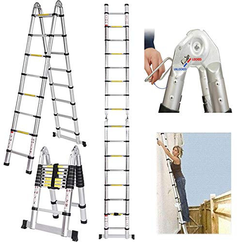 Aluminium Teleskopleiter 5m Klappbar Leiter Multifunktionsleiter 2.5M+2.5M Aluleiter, Ausziehleiter 16 Stufen Anti-Rutsch Stufen und Stabilizer bar, 150kg Belastbarkeit