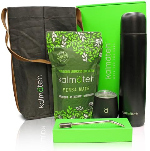 Kalmateh Yerba Mate Set – Calabaza mate con tapa, Alpaca Bombilla, acero inoxidable Bombilla, limpiador de bombillas, 1000 ml termos y orgánico y Kosher Yerba Mate