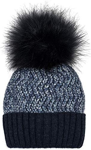 styleBREAKER Damen Bunte Strick Bommelmütze mit Fleece Futter, Winter Fellbommel Mütze 04024169, Farbe:Dunkelblau-Blau