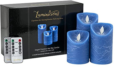 Flameless Candles Flickering LED | Battery Operated Electric Pillar Candle | Realistic Moving Flame Flicker with Remote Control & Timer | Real Wax Ocean Blue | Great Home Decor | Decorative Gift