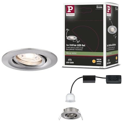 Paulmann 94294 Nova Mini LED Einbauleuchte Coin rund schwenkbar 1x4W Deckeneinbaustrahler Eisen gebürstet Einbaulampe Aluminium Warmweiß 2700K, 4 W