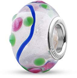 Quiges Drops Femme Perle de Verre de Murano Charm Blanc avec Fleur Rose et Vagues Bleu