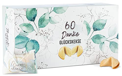 FOOD crew 60 Glückskekse Danke – Dankeschön Geschenke klein Einzeln verpackt in Box – Dankeschön Hochzeit - Made in Germany – Ein Kleines Dankeschön Geschenk - Danke Geschenk - Adventskalender Füllung