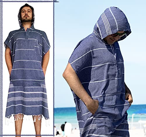 Aysesa Large Surf Poncho - Thin Turkish Cotton Beach Robe Hooded Wetsuit Changing Towel | Ultra Thin Quick Dry | Sandproof | 100% Turkish Cotton (Navy Blue, Poncho)