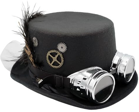 Plitsch Platsch Zylinder Hut für Erwachsene, Byron, Zylinder, Kopfbedeckung, Accessoire, Motto Party, Karneval, Zirkus, Geburtstag, Zauberer (Steampunk schwarz Feder mit Brille, 57 cm)