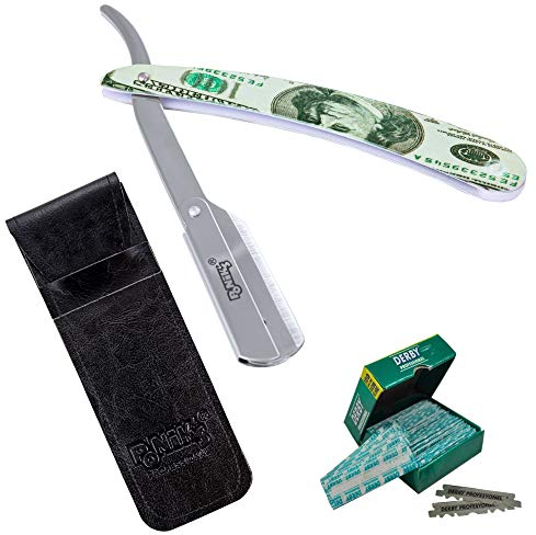 PONIK'S PROFESSIONAL - Klassisches Rasier Set Herren, Transporttasche, Rasiermesser-Set mit 100 Derby Wechselklingen, hochwertiges Edelstahl, Barbier Messer für eine präzise Bart-Rasur, Mehrfarbig