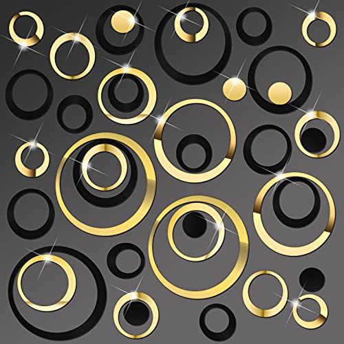 72 Stücke Acryl Kreis Spiegel Wandaufkleber Runde Wanddekor Abziehbilder Abnehmbare DIY Kleber Kreis Wandtattoos für Wohnzimmer Schlafzimmer Haus Dekoration (Schwarz und Silber und Gold)